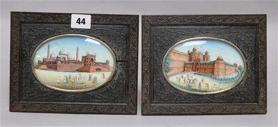 Indian School, pair of gouache on ivory, views of the Red Fort at Agra, 9 x 13cm